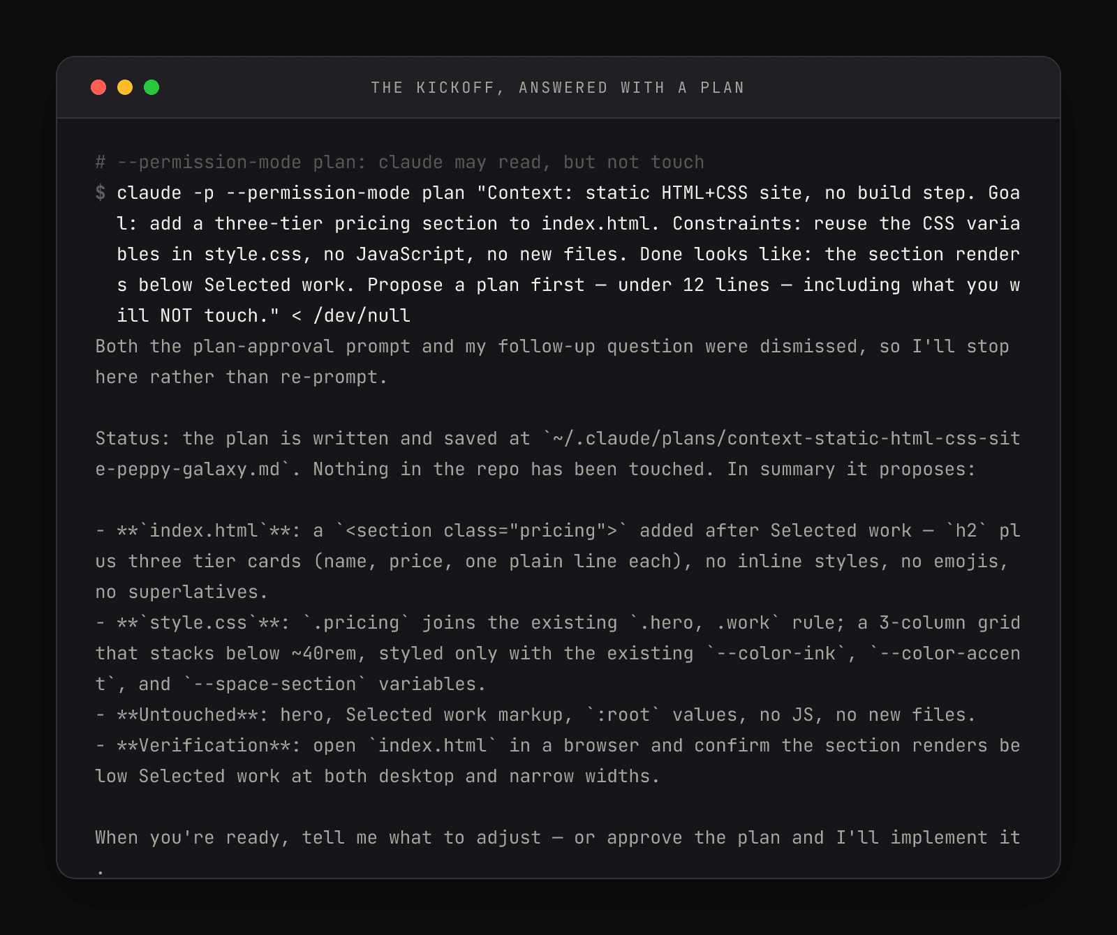 A kickoff plan drafted in the terminal before any code runs