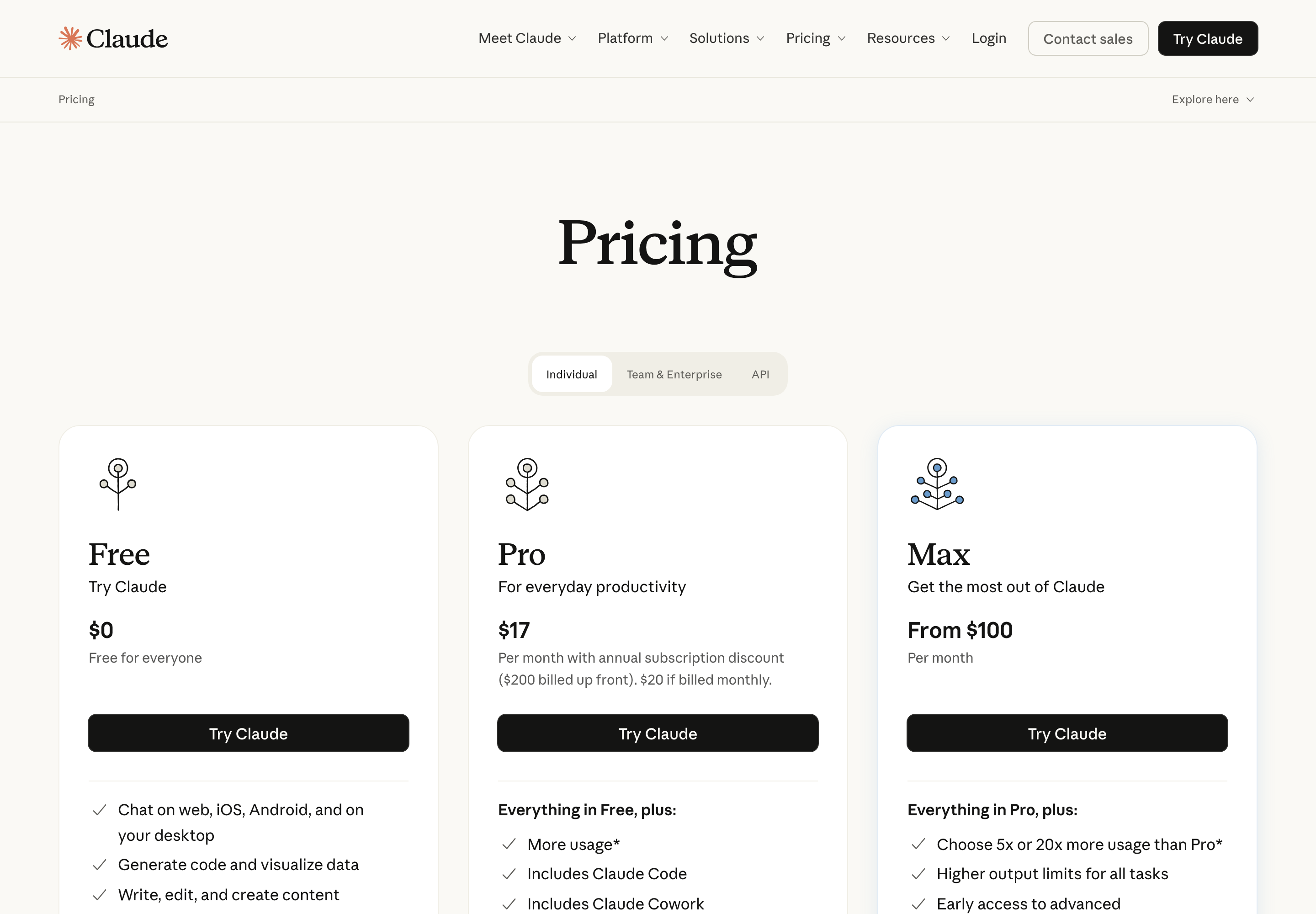 The claude.com pricing page showing Free, Pro, and Max plan cards with prices