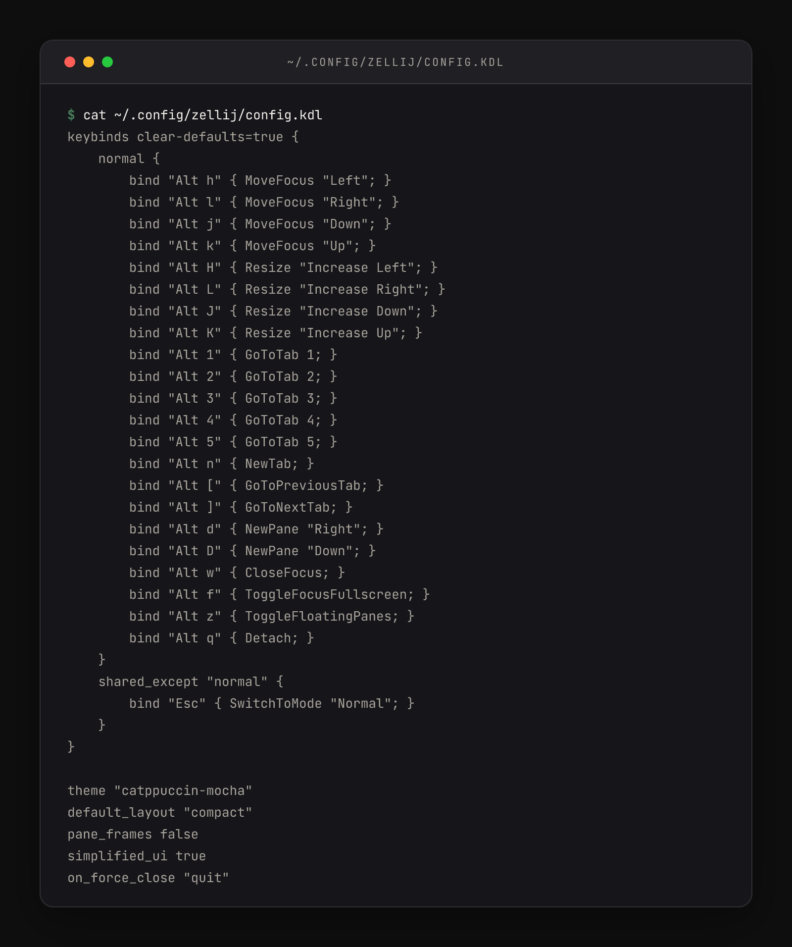 Terminal showing cat ~/.config/zellij/config.kdl with Alt-based keybindings, theme catppuccin-mocha, default_layout compact, pane_frames false, simplified_ui true, and on_force_close quit