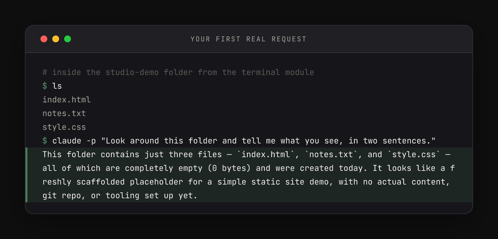 Inside a demo folder: ls lists three files, then claude -p answers describing three empty files that look like a freshly scaffolded static site placeholder