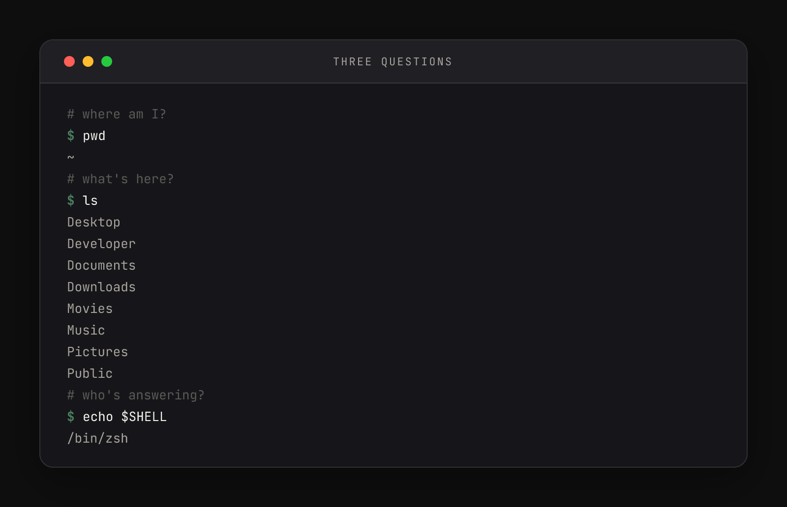 A terminal window showing pwd, ls, and echo $SHELL with their output