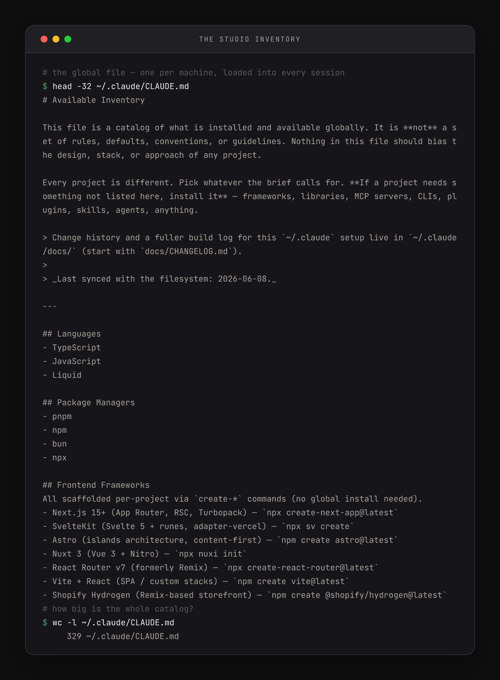 Terminal showing head -32 of ~/.claude/CLAUDE.md: the Available Inventory disclaimer, then Languages, Package Managers, and Frontend Frameworks sections, plus wc -l reporting 329 lines