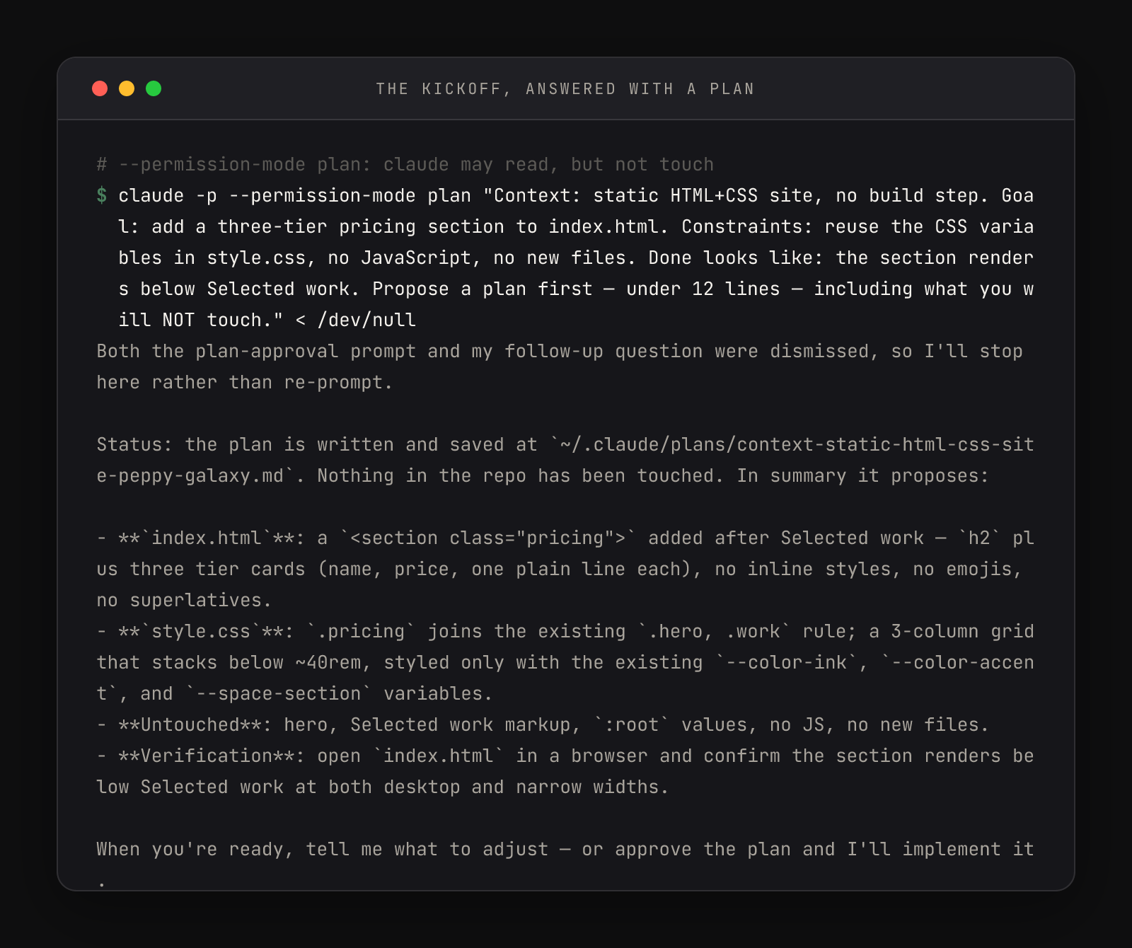 A headless plan-mode run: the plan saved to ~/.claude/plans/, nothing touched, with bullets for index.html changes, style.css changes, an Untouched list, and a verification step