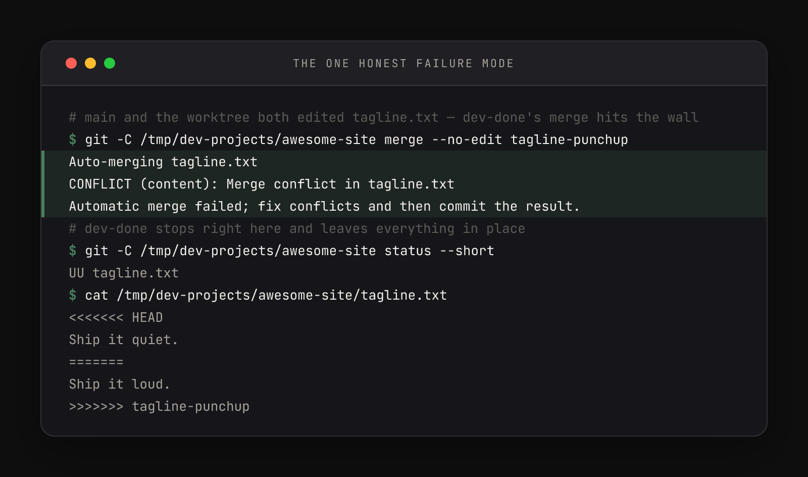 git merge failing with CONFLICT content merge conflict in tagline.txt, git status showing UU, and the conflicted file showing both versions between conflict markers