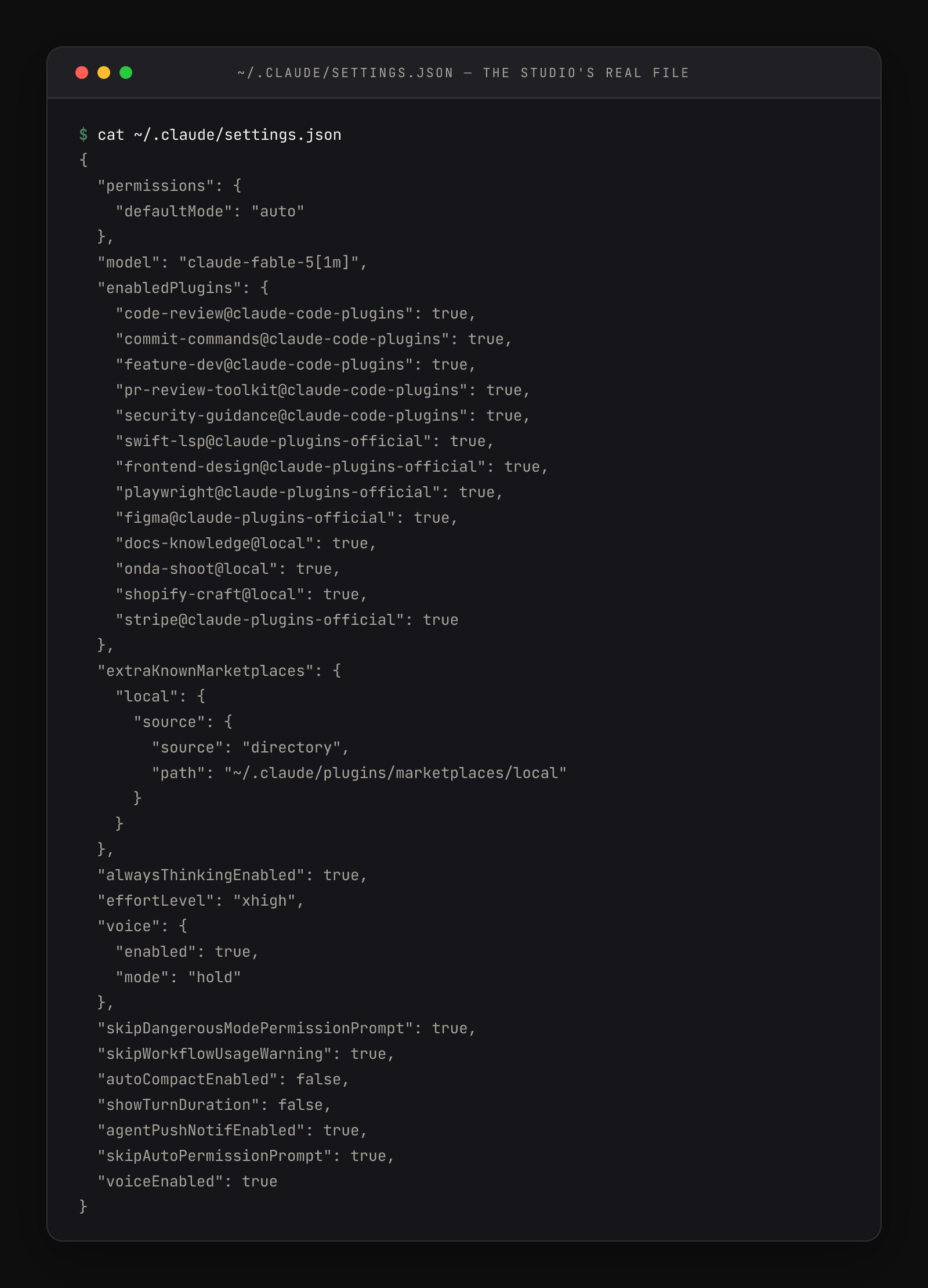 cat of ~/.claude/settings.json showing permissions, model, enabledPlugins, marketplaces, thinking, voice, and several skip flags