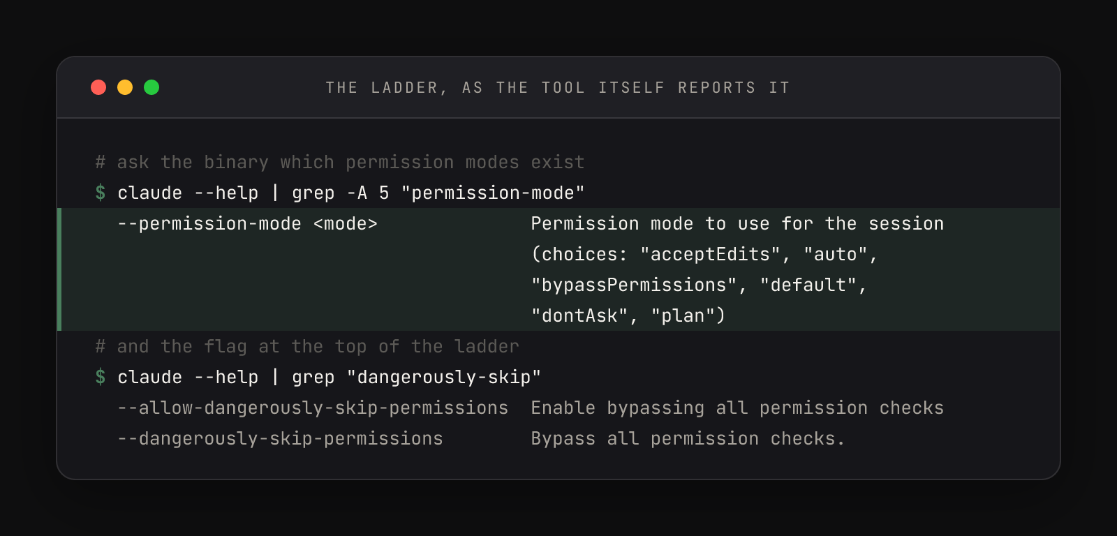 claude --help output showing --permission-mode with choices acceptEdits, auto, bypassPermissions, default, dontAsk, plan — and the --dangerously-skip-permissions flag