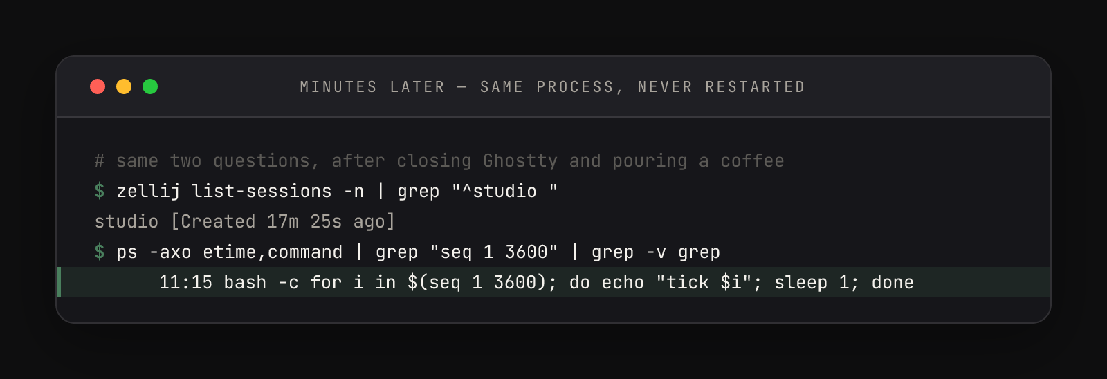 The same two commands later: the studio session now created 17m 25s ago, the counter loop now showing 11:15 elapsed