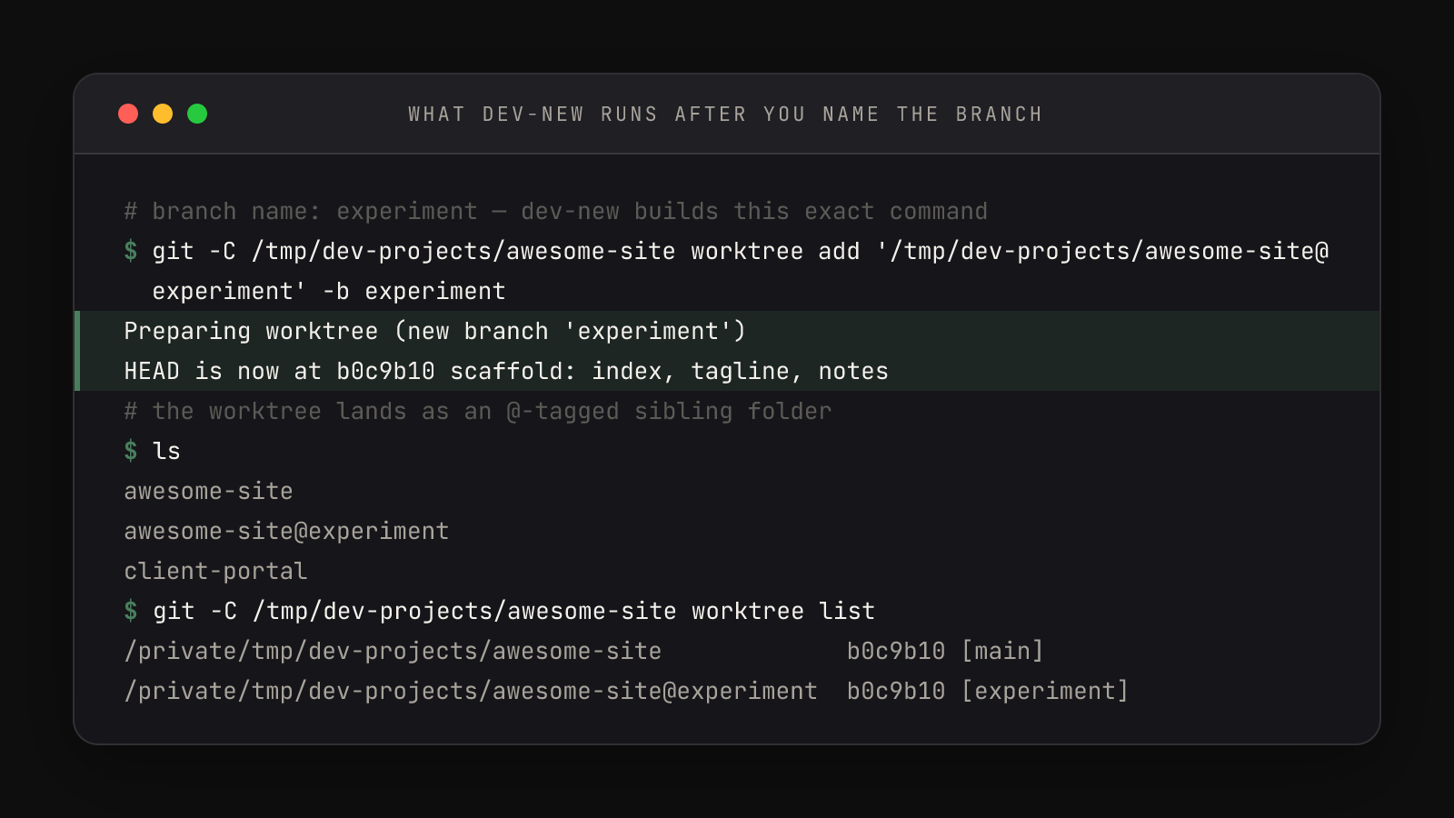 git worktree add creating awesome-site@experiment with a new branch, then ls showing the sibling folder and git worktree list showing both worktrees